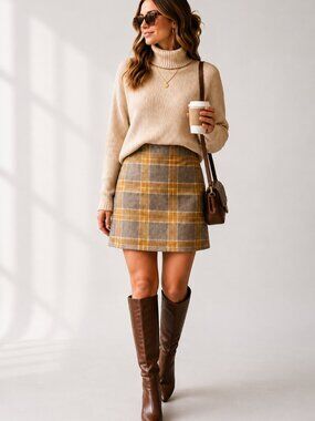 LOFT Yellow Grey Plaid Wool Blend Mini Skirt Gold Hardware Size 8 NWT